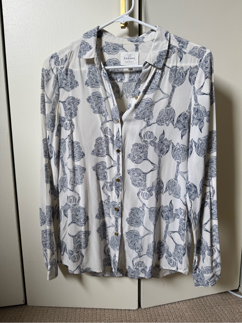 Sezane Silk Shirt Navy Floral Print